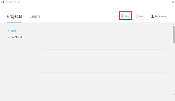 Screenshot that shows the Unity Projects window with 'New' highlighted in the upper right.