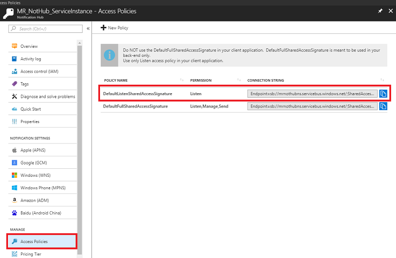 insert notification hubs policy endpoint