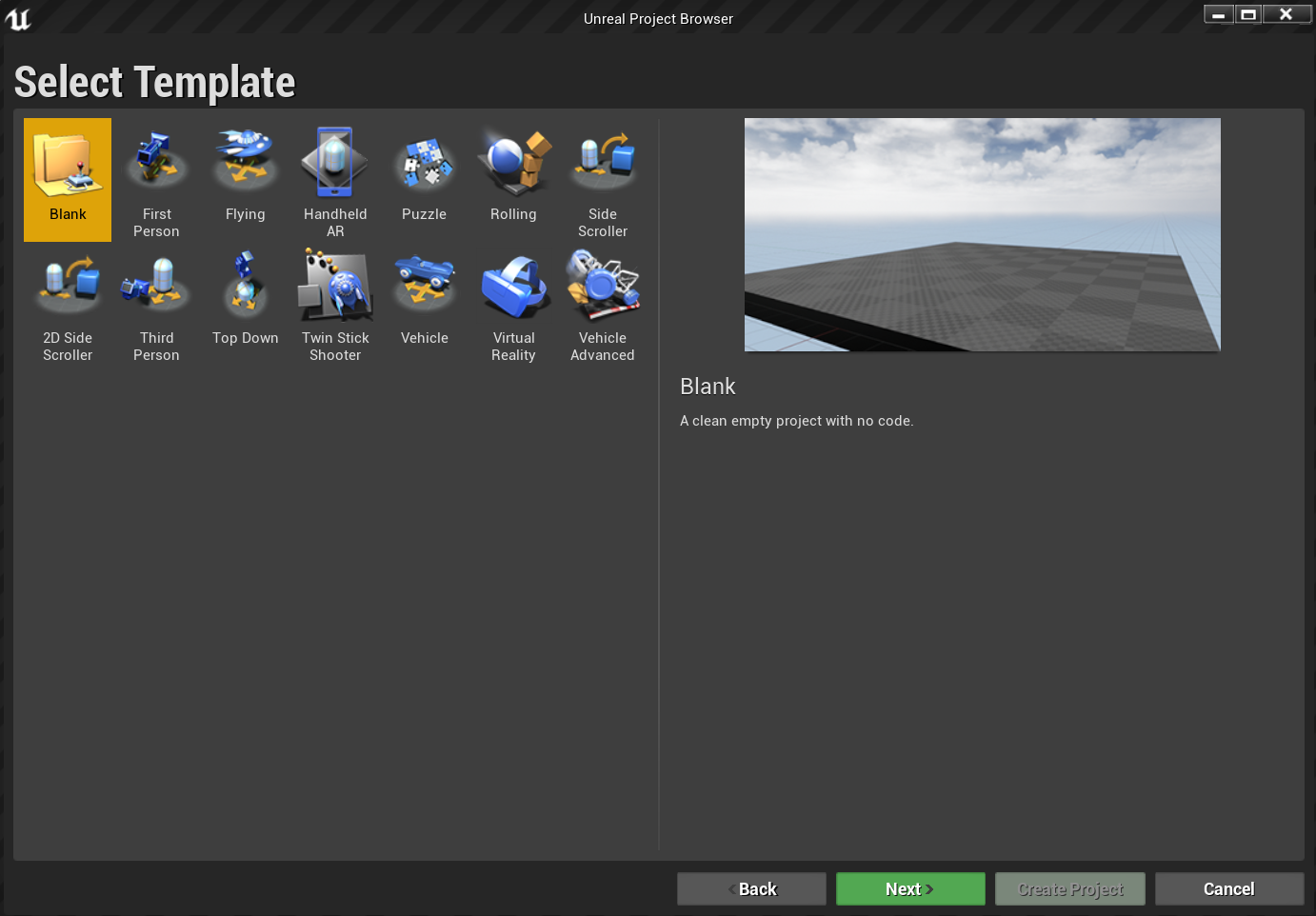 Unreal project browser window with Blank template highlighted
