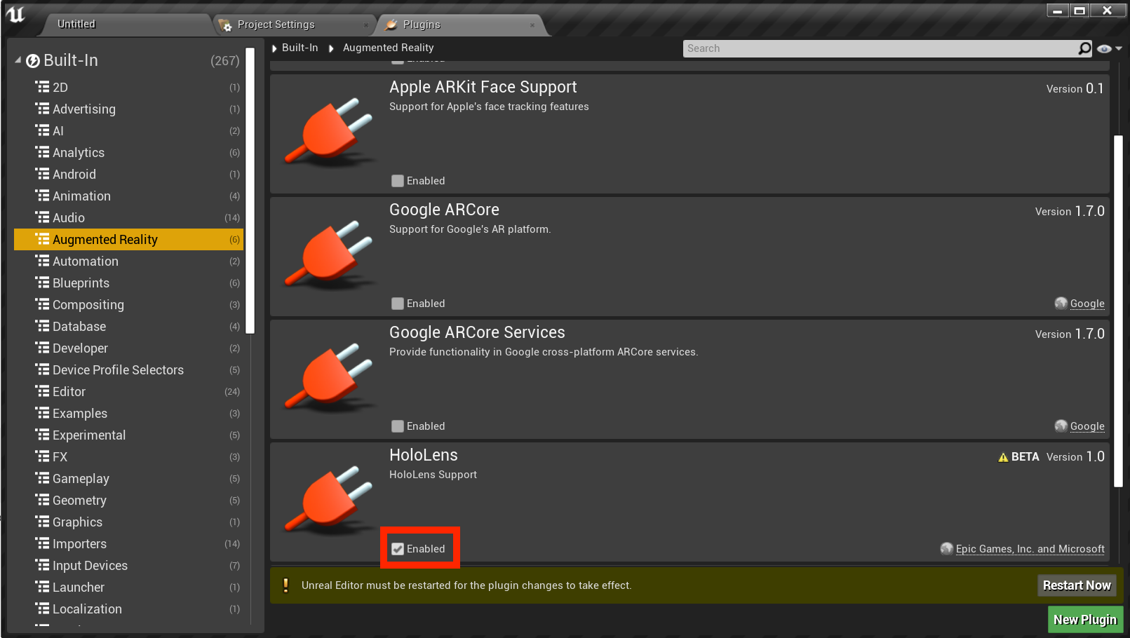 Plugins window with augmented reality section open and HoloLens highlighted