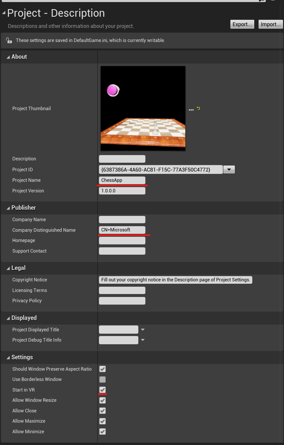 Project Settings - Description