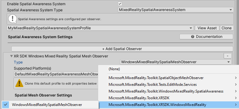 XR SDK spatial awareness settings