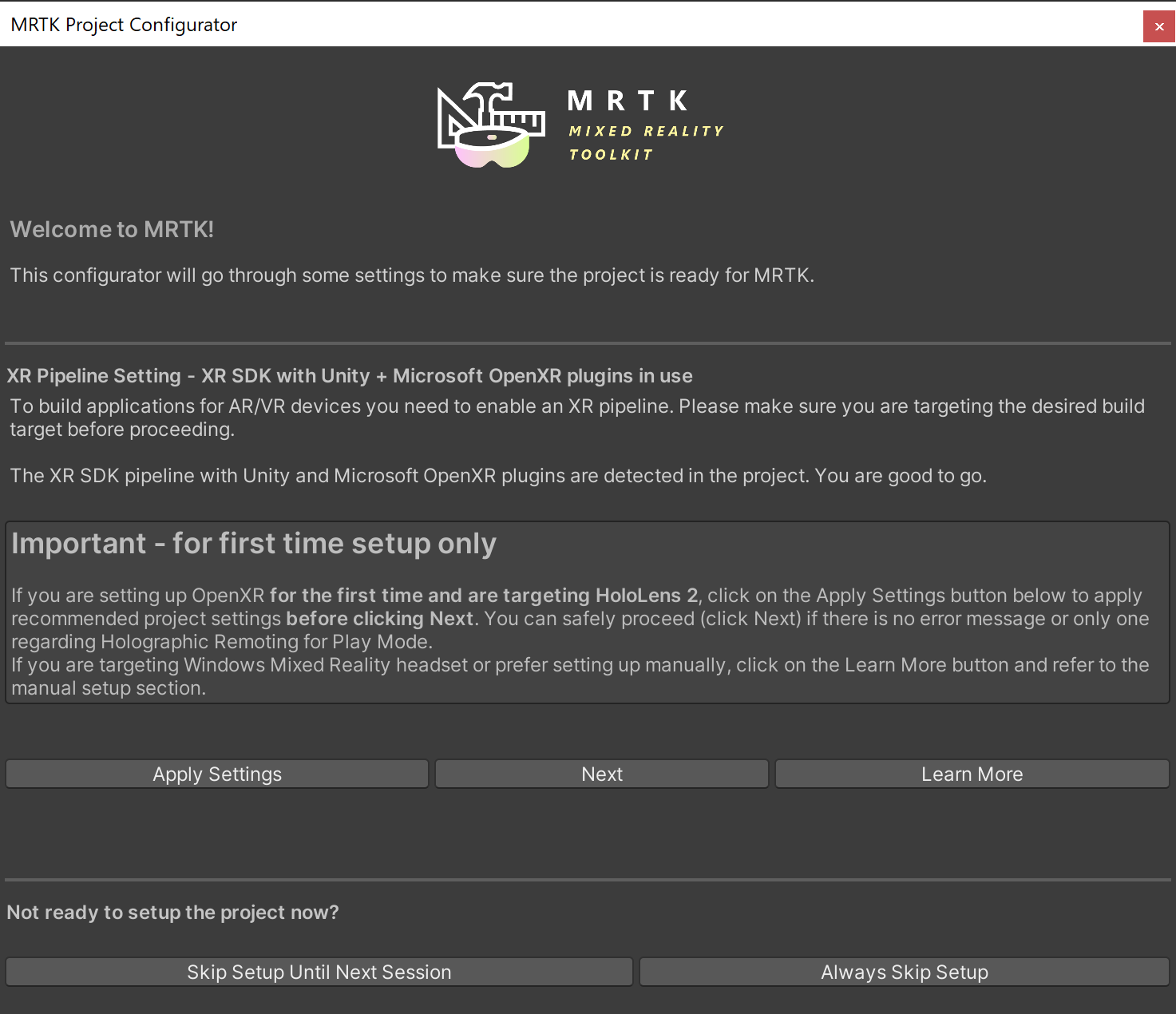 Configurator window with OpenXR setup instructions