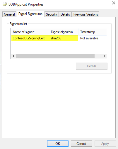 Digital Signature list in file Properties.