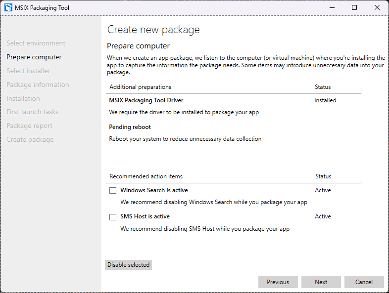 A screenshot showing the Create New Package page of the MSIX Packaging Tool