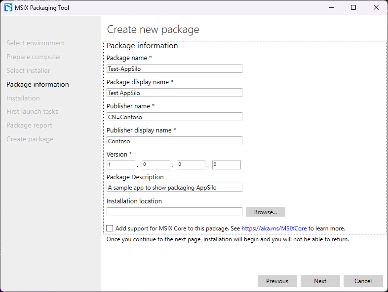 A screenshot showing the Package Information page in the MSIX Packaging Tool