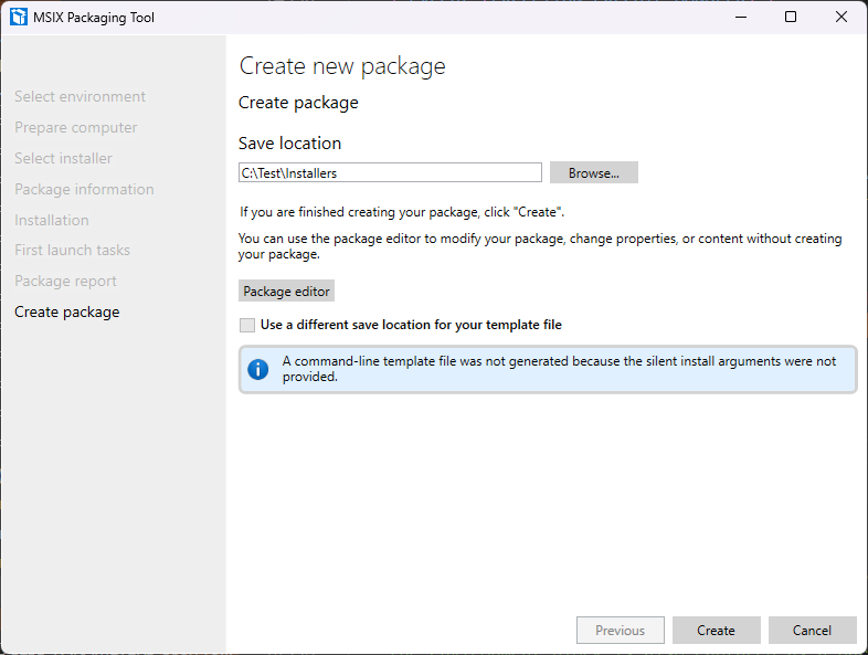 A screenshot showing the final Create Package page when creating a package in the MSIX Packaging Tool