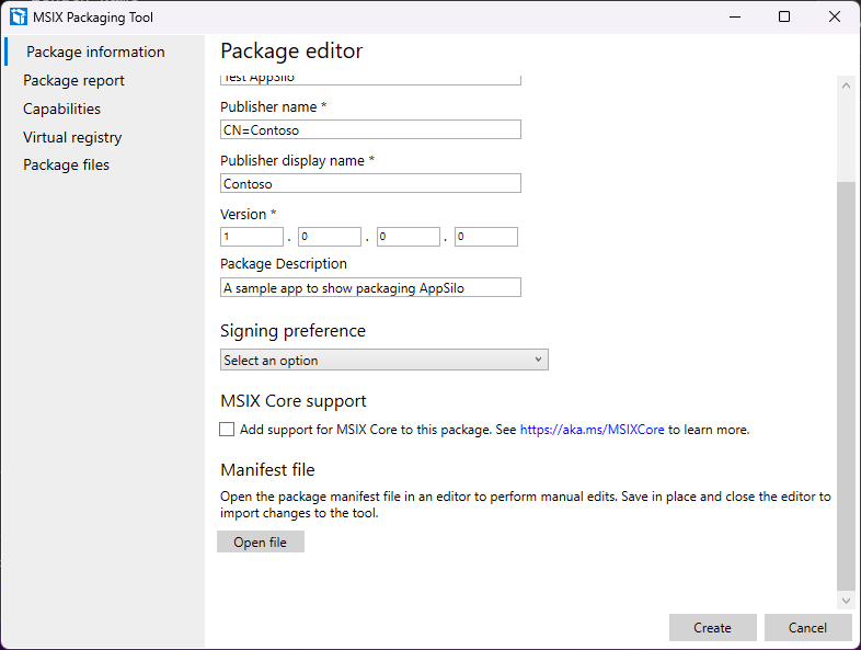 A screenshot showing the Package Information page after clicking Open Package in the MSIX Packaging Tool