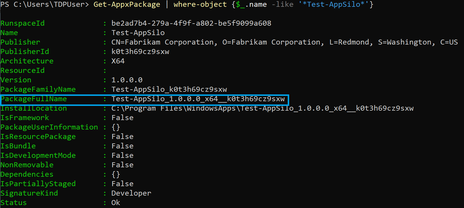 A screenshot showing the Get-AppxPackage command output