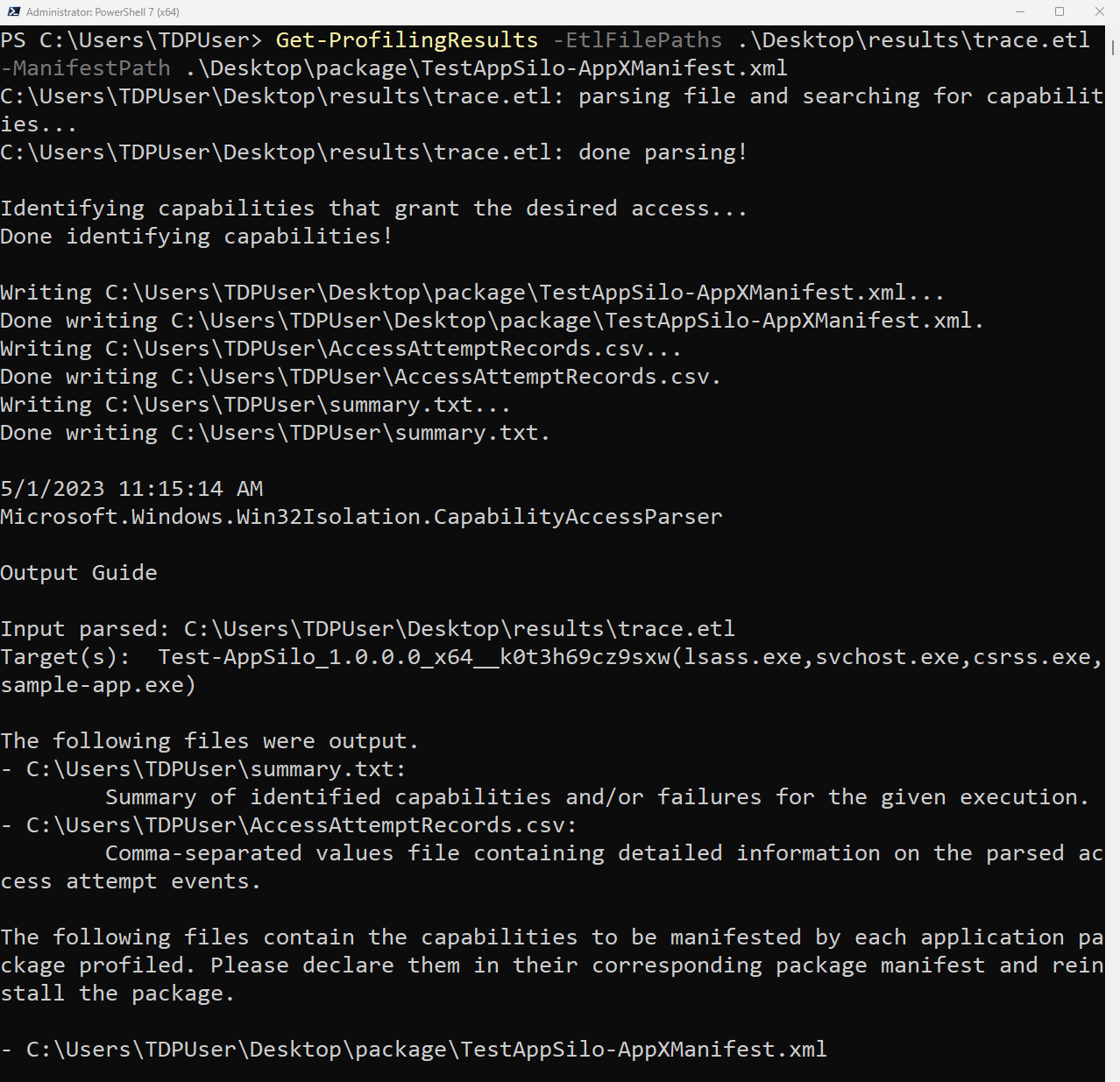 A screenshot showing a PowerShell command window executing the Get-ProfilingResults cmdlet