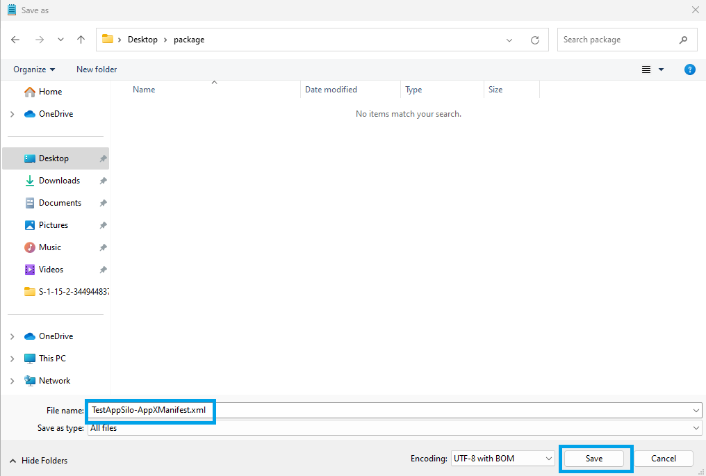 A screenshot showing the manifest file being saved in the Windows save dialog