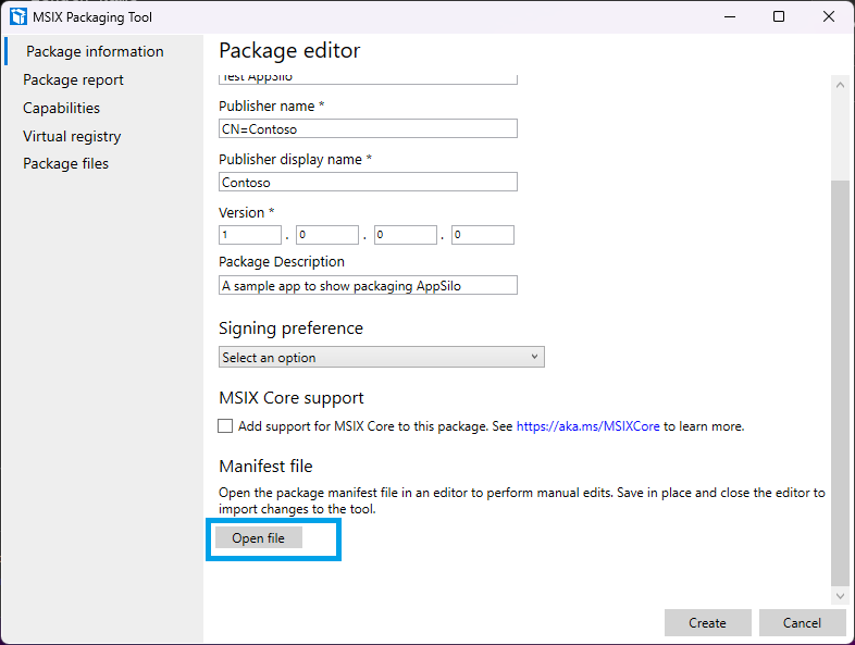 A screenshot showing Package information section of the MSIX Packaging Tool with the Open file button highlighted