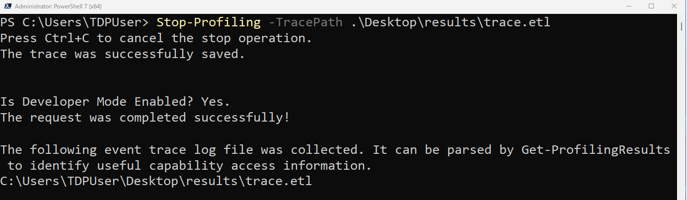 A screenshot showing a PowerShell command window executing the Stop-Profiling cmdlet