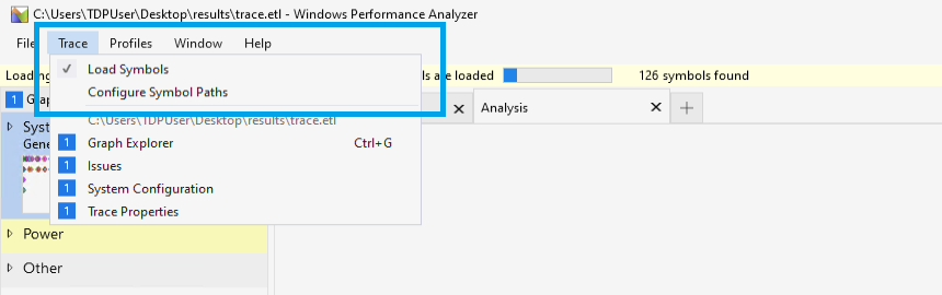 A screenshot showing Windows Performance Analyzer loading symbols