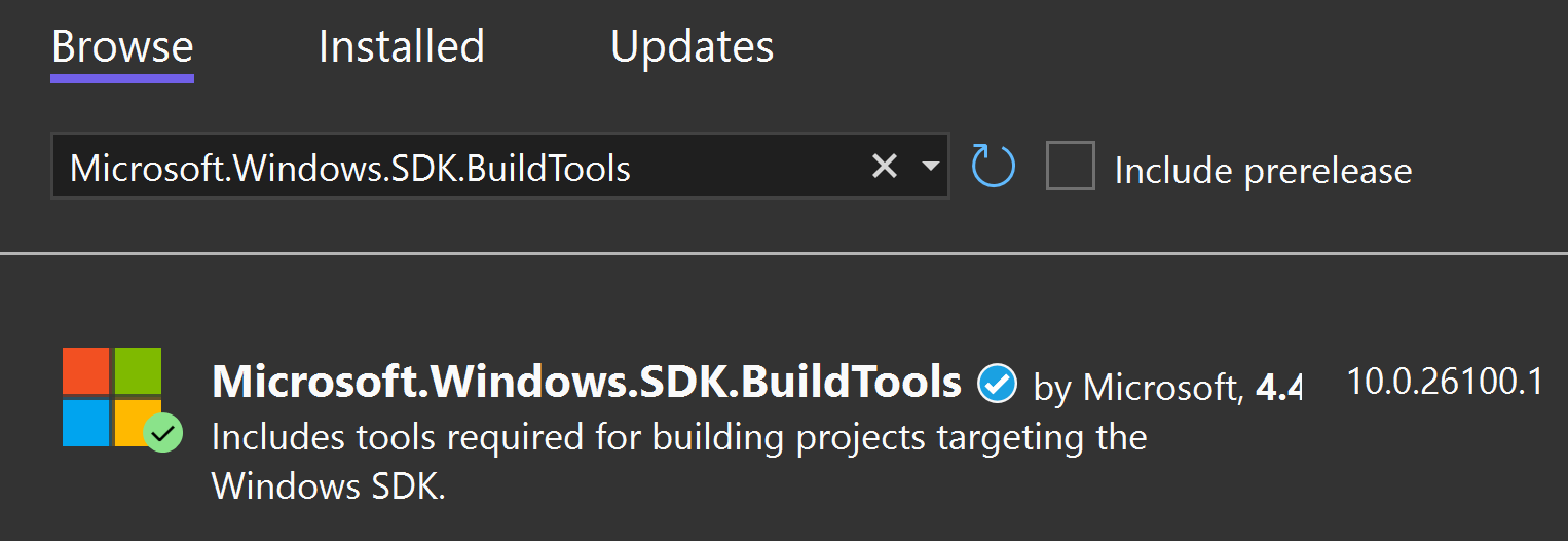 A screenshot showing the Microsoft.Windows.SDK.BuildTools package on the NuGet screen in Visual Studio