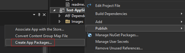 A screenshot showing the create app packages wizard in Visual Studio