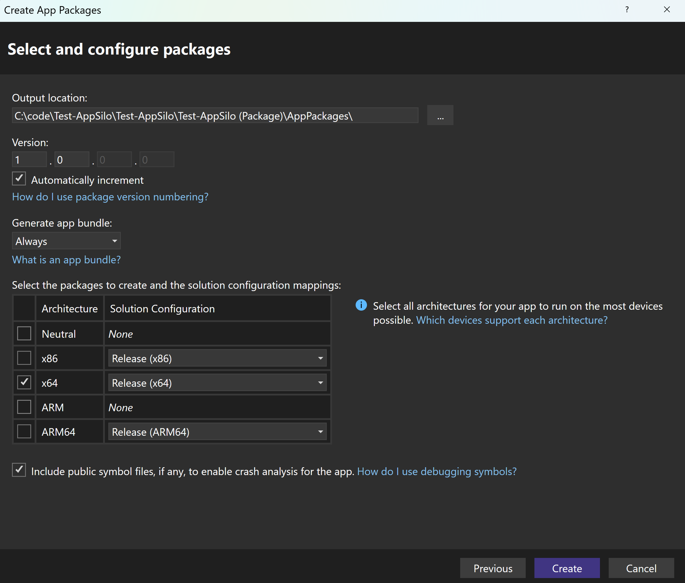 A screenshot showing the create step in the app packages wizard in Visual Studio