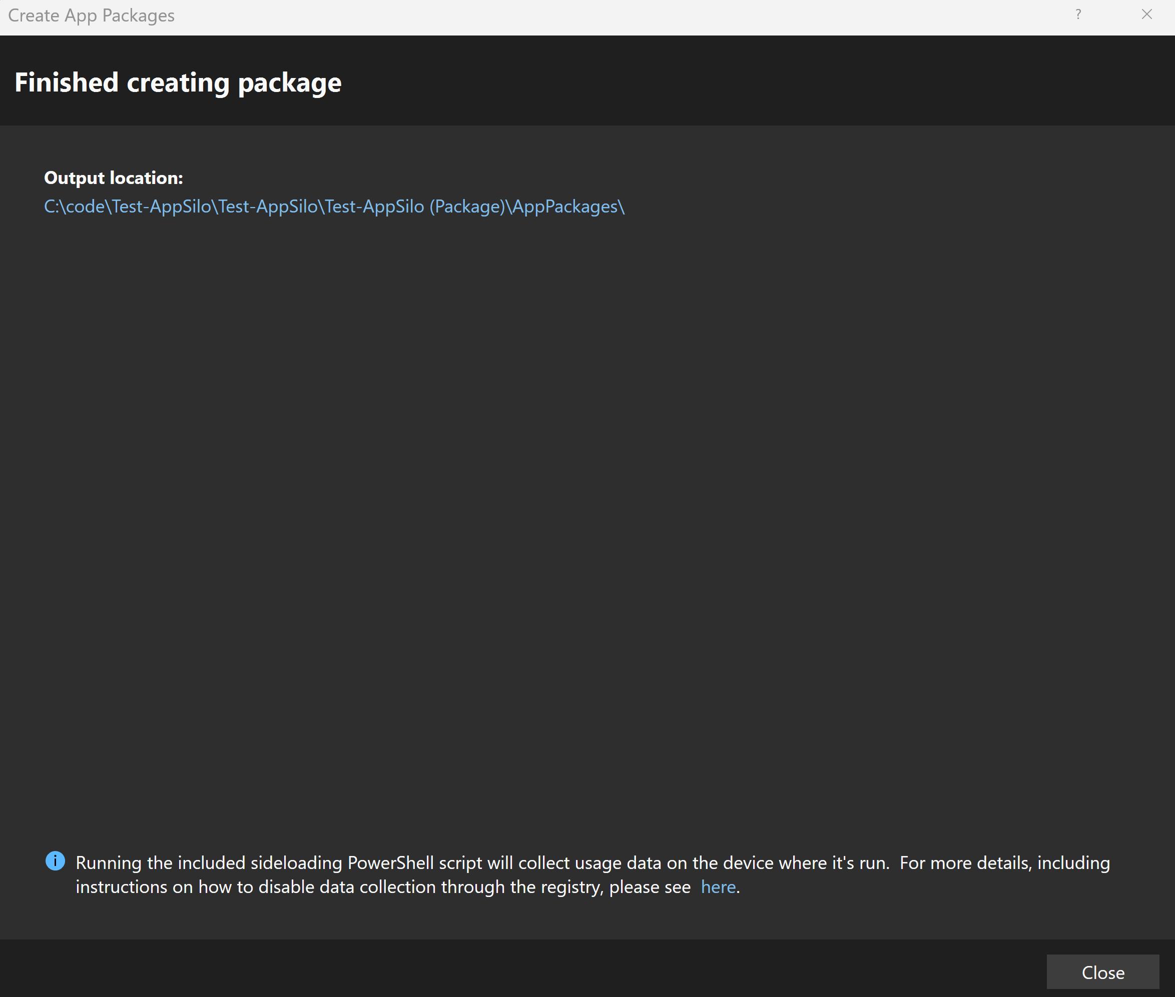 A screenshot showing the packaging was created successfully by the wizard in Visual Studio