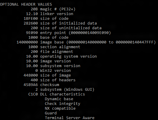 output from dumpbin /headers