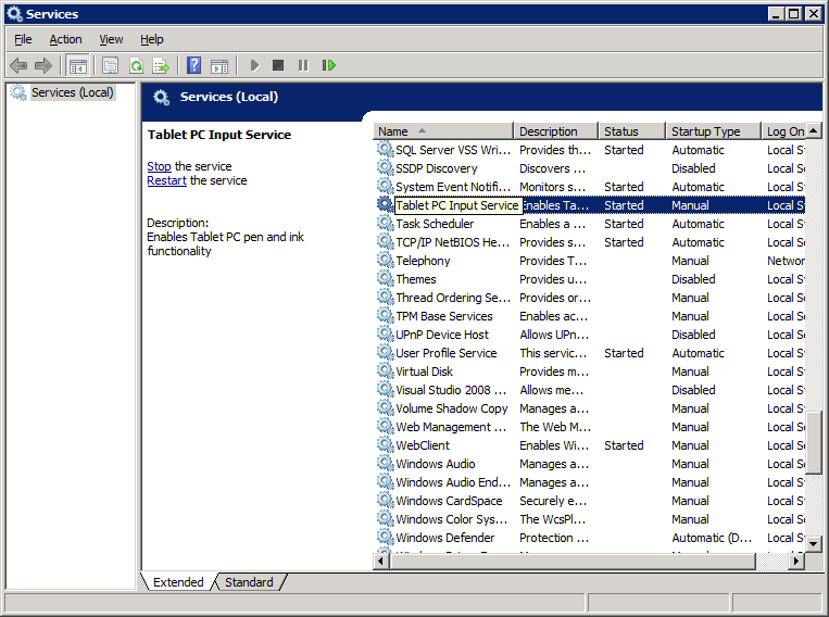 Services menu with the tablet pc input service started