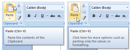 screen shot of paste split button and two tooltips 