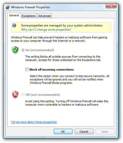 screen shot of firewall properties property sheet 