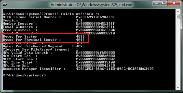 bytes per sector and per physical sector of a 4k native disk