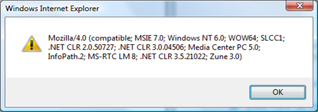 screen shot of the internet explorer diaog box that has the user agent string
