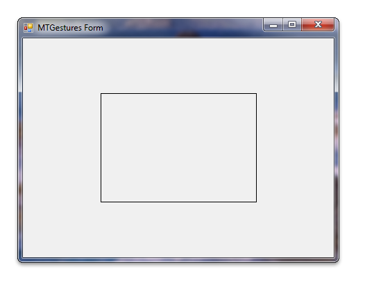 screen shot showing the windows touch gestures in c sharp sample when it is running, with a black-outlined white rectangle centered on the screen