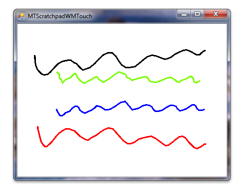 screen shot that shows the windows touch scratchpad sample in c sharp, with black, green, blue, and red squiggles on the screen