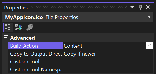 Visual Studio properties U I for the icon file showing build action set to content.