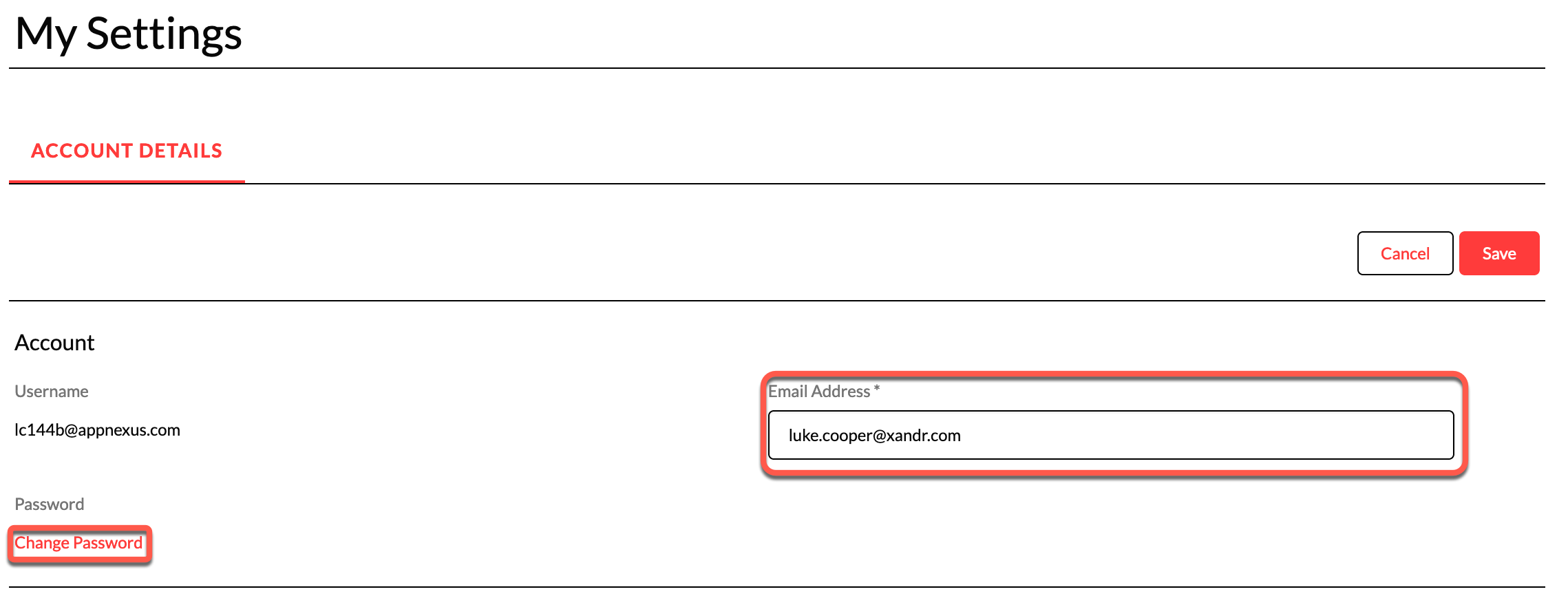 A screenshot that shows how to update email address and password in the Account Details tab.