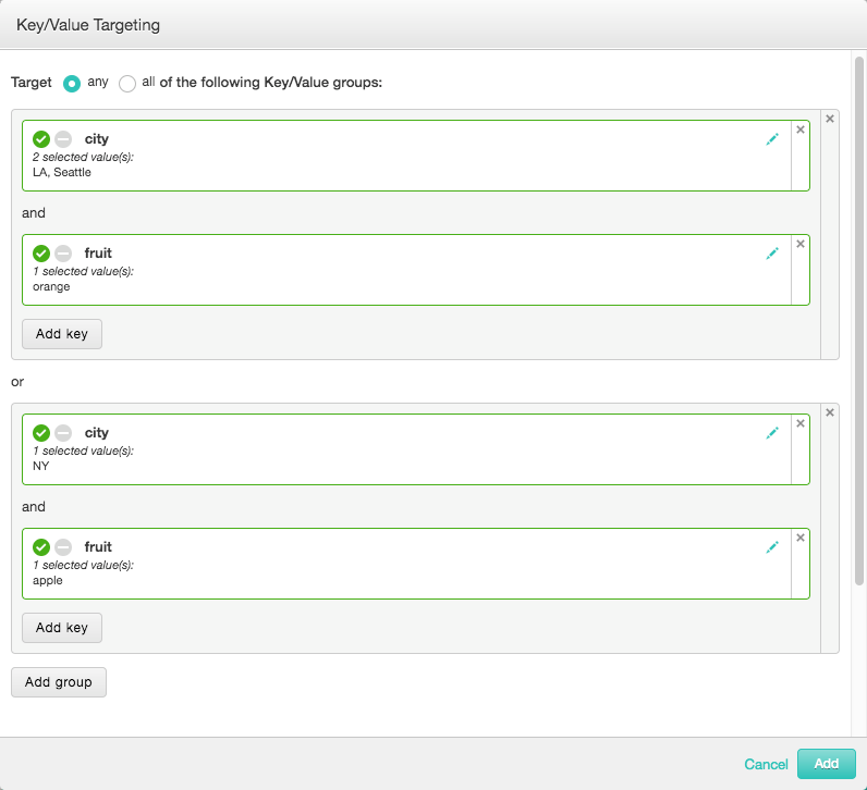 A screenshot of the key/value targeting dialog with the values of city and fruit from both the groups of the expression tree selected.