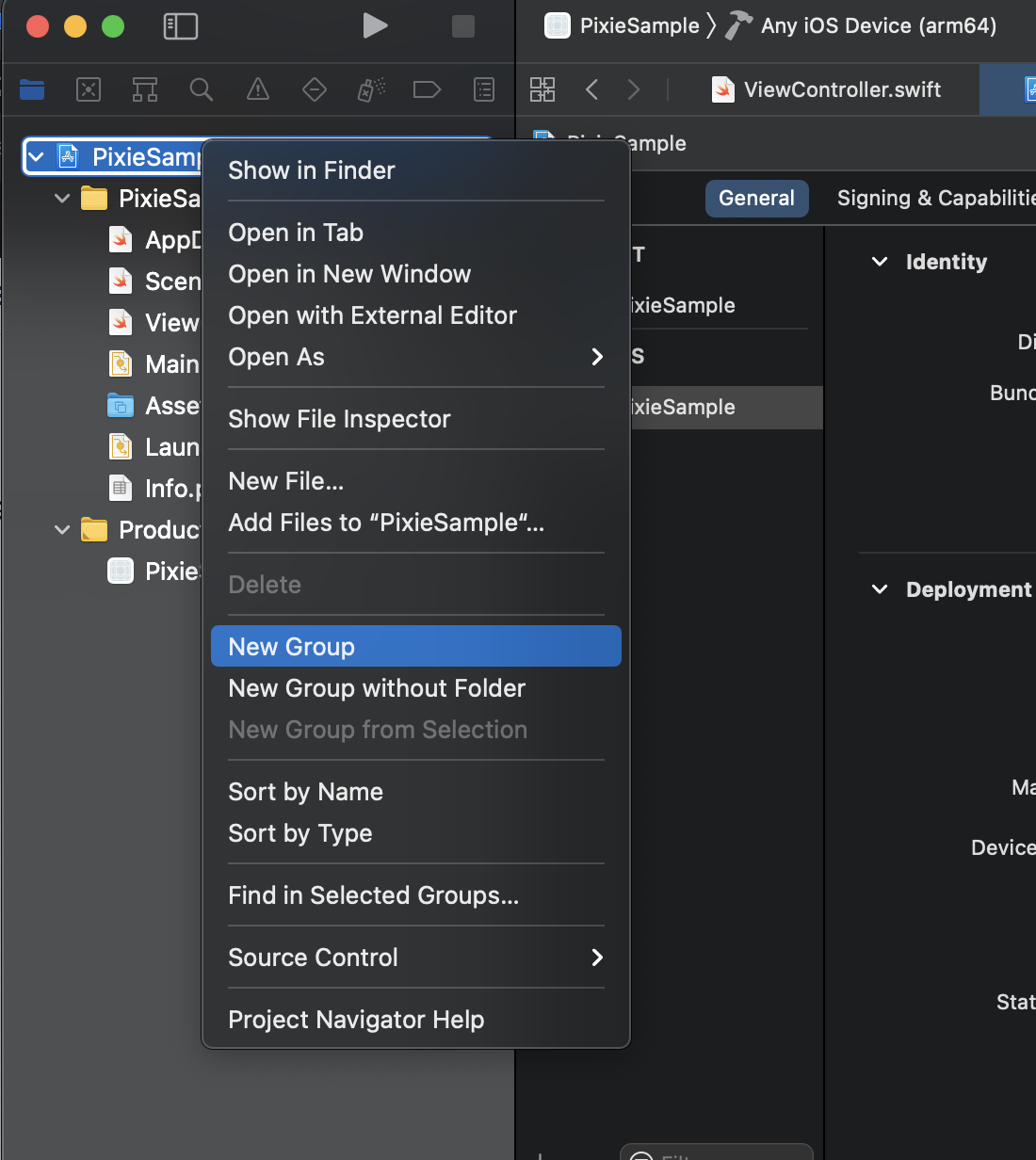 Screenshot that displays how to create a Framework group within the poject structure using the project navigator.