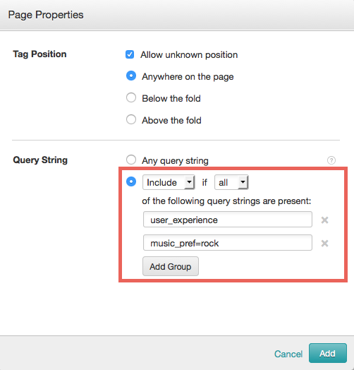 Screenshot of the Page Properties dialog that shows the Query String fields to be filled.