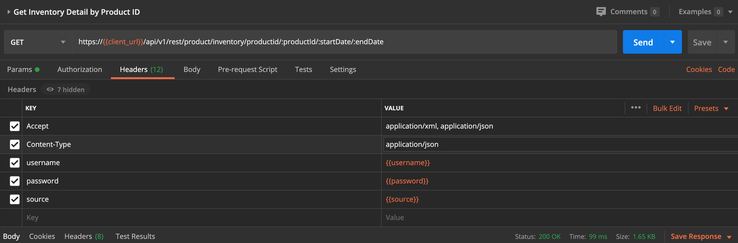 A screenshot of the Headers tab with standard keys and values in Postman.