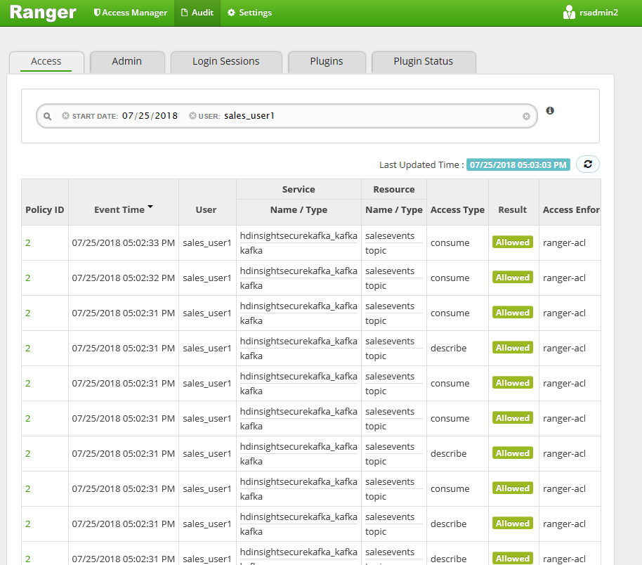 Recorte de pantalla en el que se muestran los eventos de acceso de auditoría de directiva en la interfaz de usuario de Ranger.