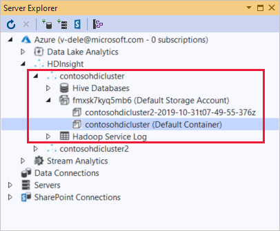 Recursos vinculados de Herramientas de Data Lake para Visual Studio en el Explorador de servidores.