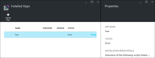  Captura de pantalla de un error de instalación de una aplicación de HDInsight.