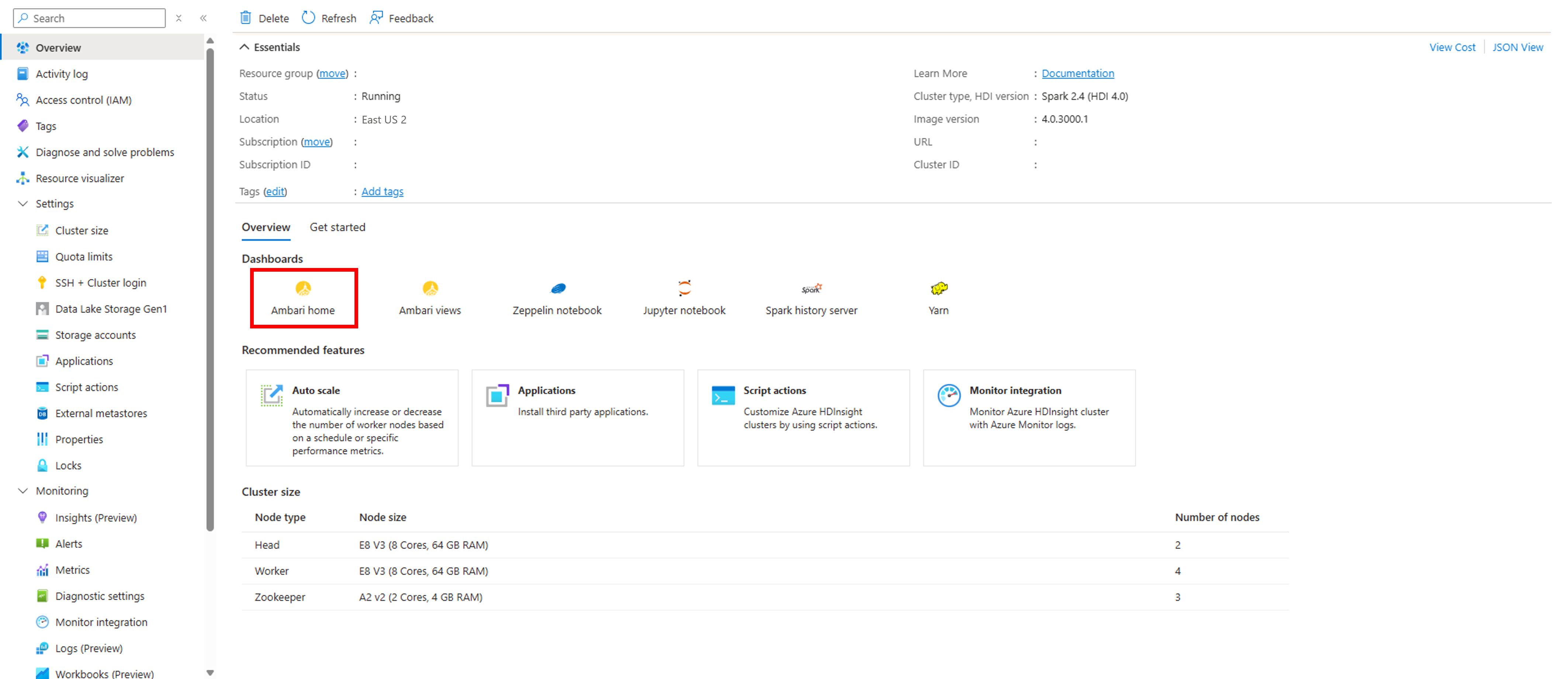 Vista de portal de recursos de HDInsight.