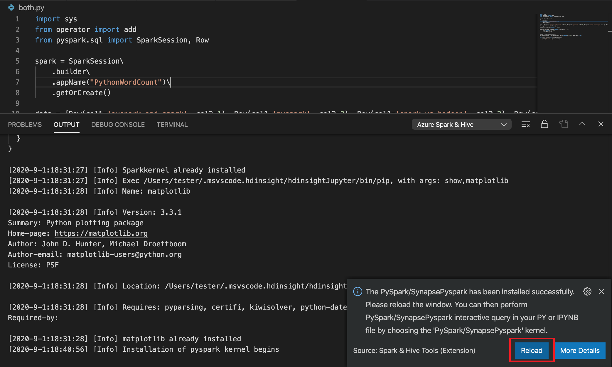 pyspark se ha instalado correctamente.