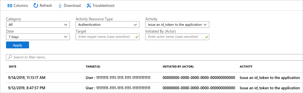 Filtro de ejemplo con dos eventos de actividad en Azure Portal