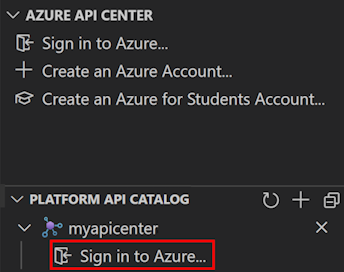 Captura de pantalla del catálogo de API de plataforma del centro de API en la extensión de VS Code.