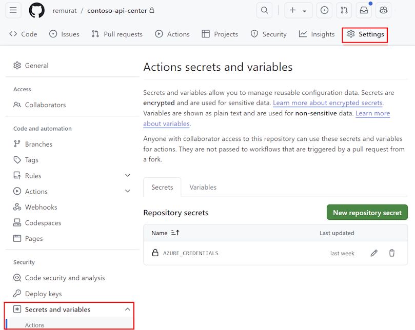 Captura de pantalla de secretos para Acciones en un repositorio de GitHub.