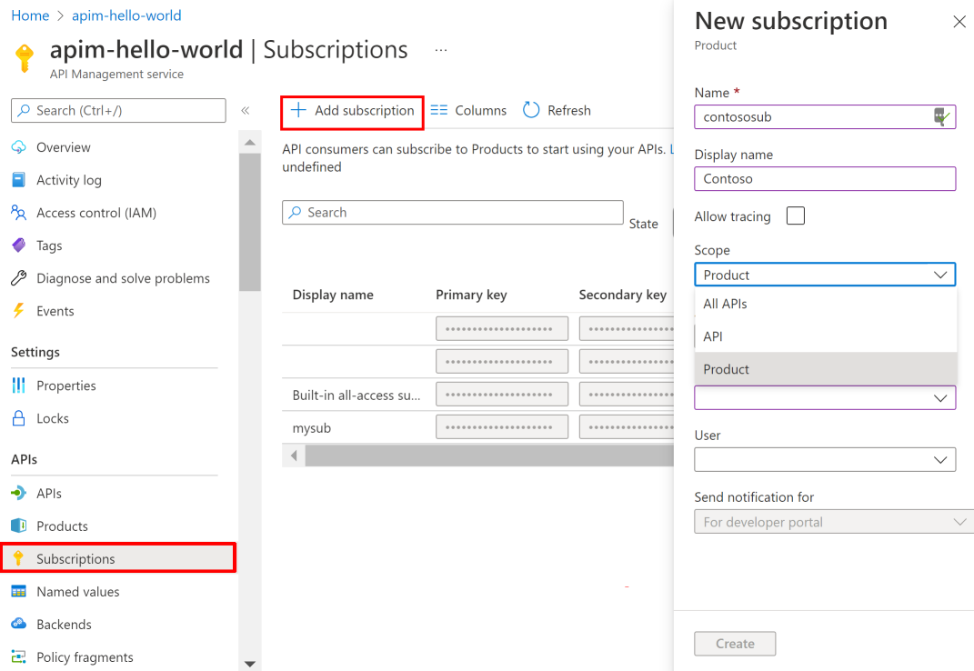 Captura de pantalla que muestra cómo crear una suscripción de API Management en el portal.