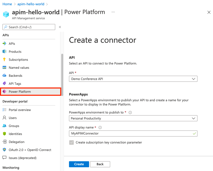 Creación de un conector personalizado a la API en API Management