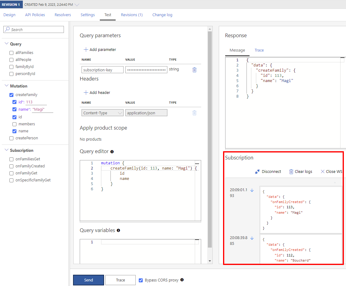 Captura de pantalla de los eventos de suscripción de GraphQL en el portal.