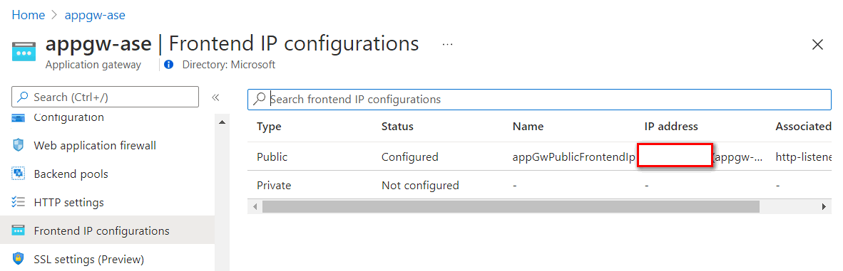 La dirección IP de front-end de la puerta de enlace de aplicación se puede encontrar en Configuración de IP de front-end.