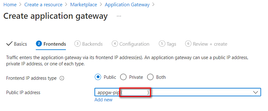 Captura de pantalla de la obtención de una dirección IP pública de la configuración de front-end de la puerta de enlace de aplicación.