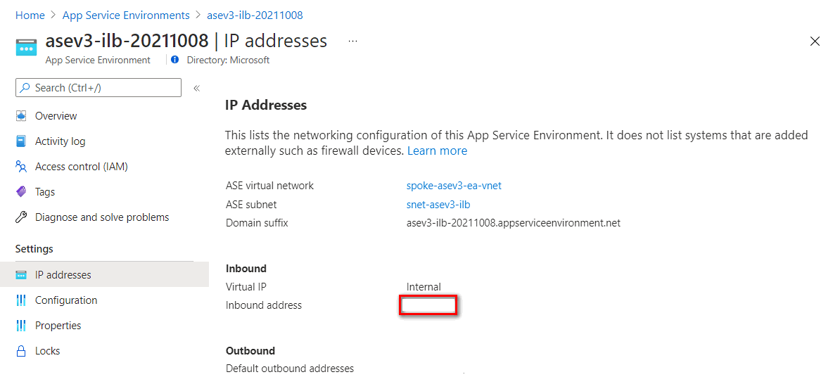 Captura de pantalla de la obtención de la dirección de entrada de la configuración de direcciones IP de App Service Environment con ILB.